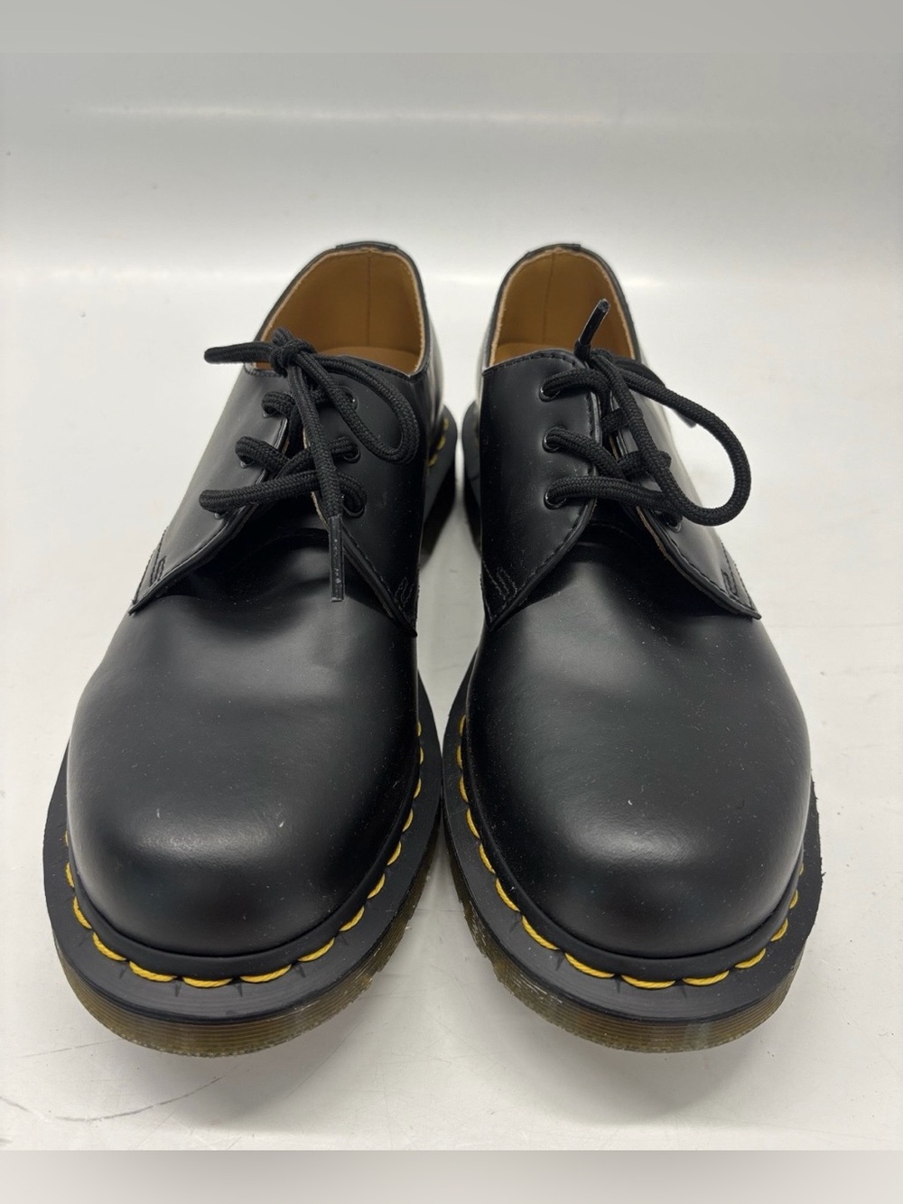 Dr. Martens Kids Black Leather Lace-Up Shoes with Yellow Stitching